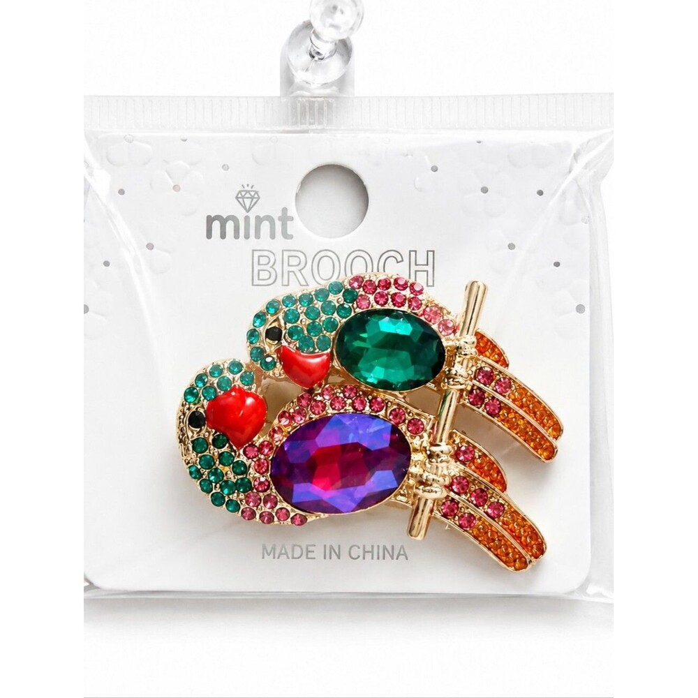 Colorful Rhinestone Parrot Brooch Pin  Gold Tone Tropical Bird Statement Jewelry
